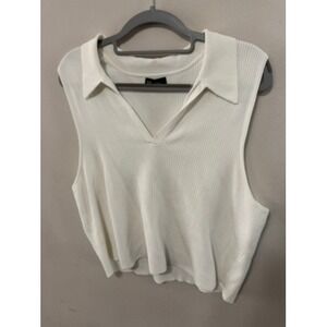 GAP Women XL Off White Ribbed Sleeveless Polo Sweater Vest V-Neck Knit Top